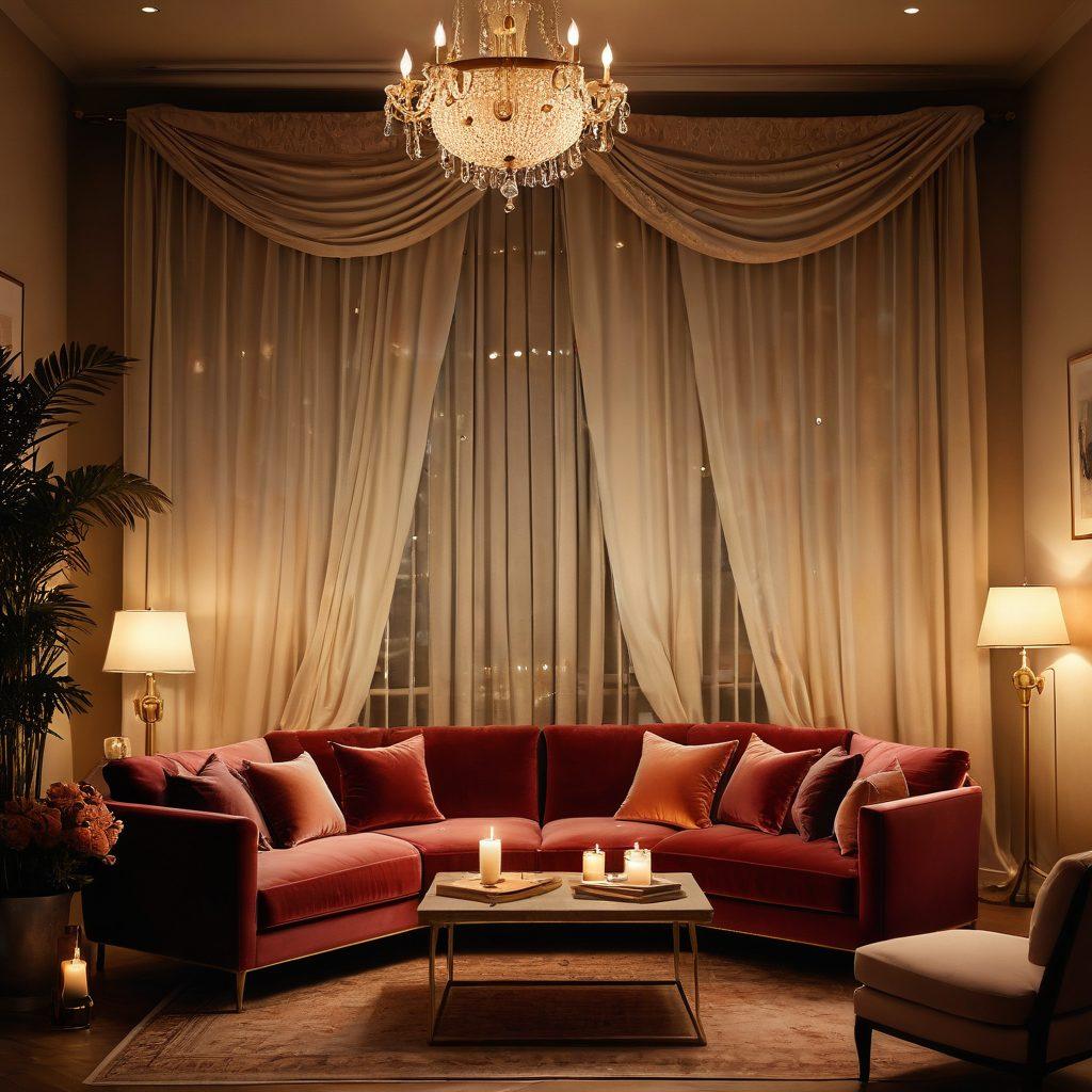 A tranquil, dimly-lit room infused with soft candlelight and floral aromas, featuring a plush velvet sofa adorned with silky cushions, where a couple shares an intimate moment. A sleek laptop displaying streaming content is subtly placed next to them, casting a soft glow. Surround this scene with dreamlike, flowing drapes and ethereal decor to evoke a mood of romance and relaxation. super-realistic. warm tones. soft focus.