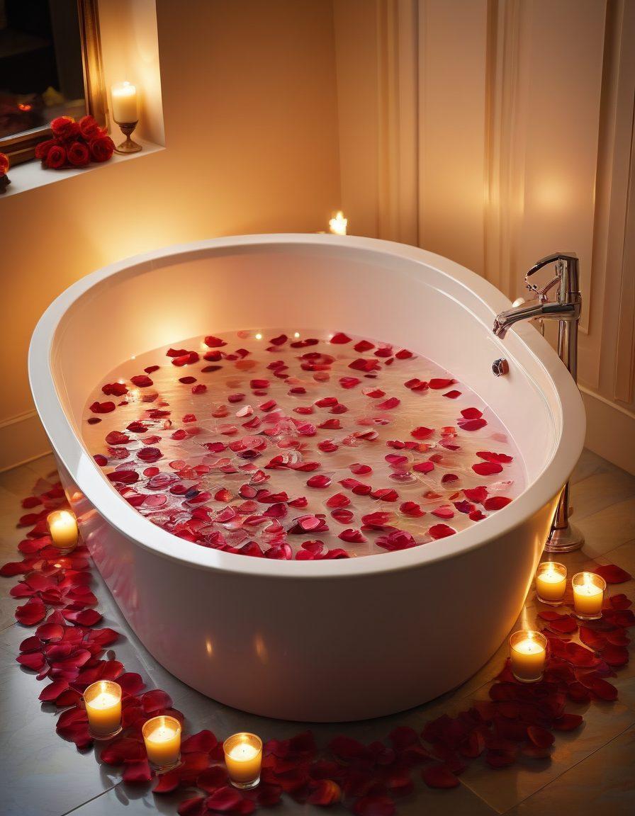 Capture an intimate and luxurious bathtub scenario with warm, flickering candlelight reflecting on water ripples. Include rose petals sprinkling the surface and a glass of champagne on the edge of the tub. The ambiance should feel romantic and inviting, suggesting a world of relaxation and indulgence. Use soft, warm colors to enhance the sensual vibe. super-realistic. soft colors. warm lighting.